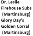 Dr. Leslie Firehouse Subs Glory Days Golden Corral logo